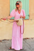Pink Stripe V Neck Puff Short Sleeve Maxi Dress